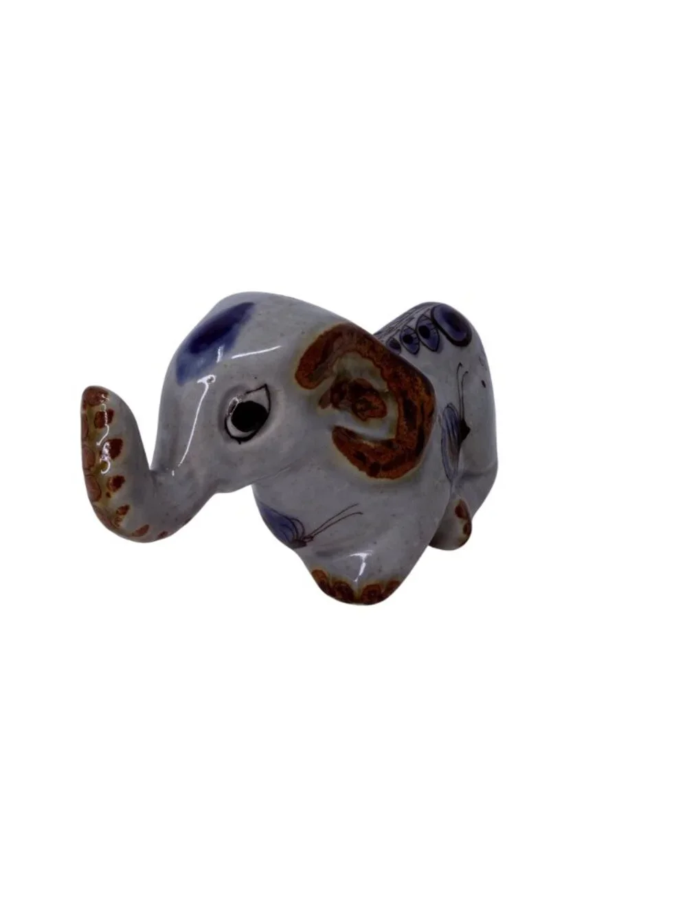 Vintage Mexican Tonala Pottery Elephant Figurine Hand Painted 1980s